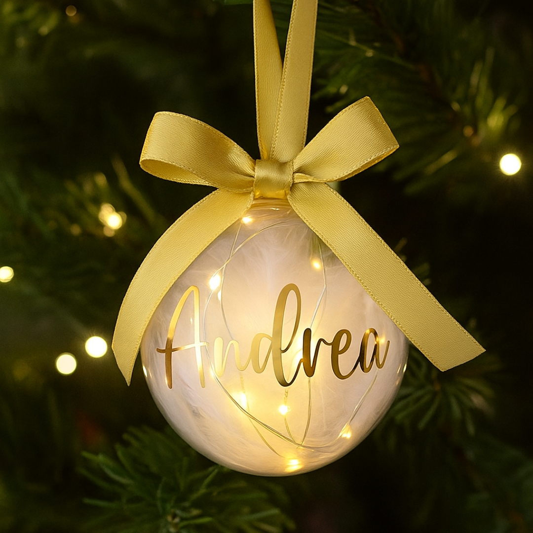 Bola de Navidad Personalizada Transparente con Plumas + Luces LED x X Unidad