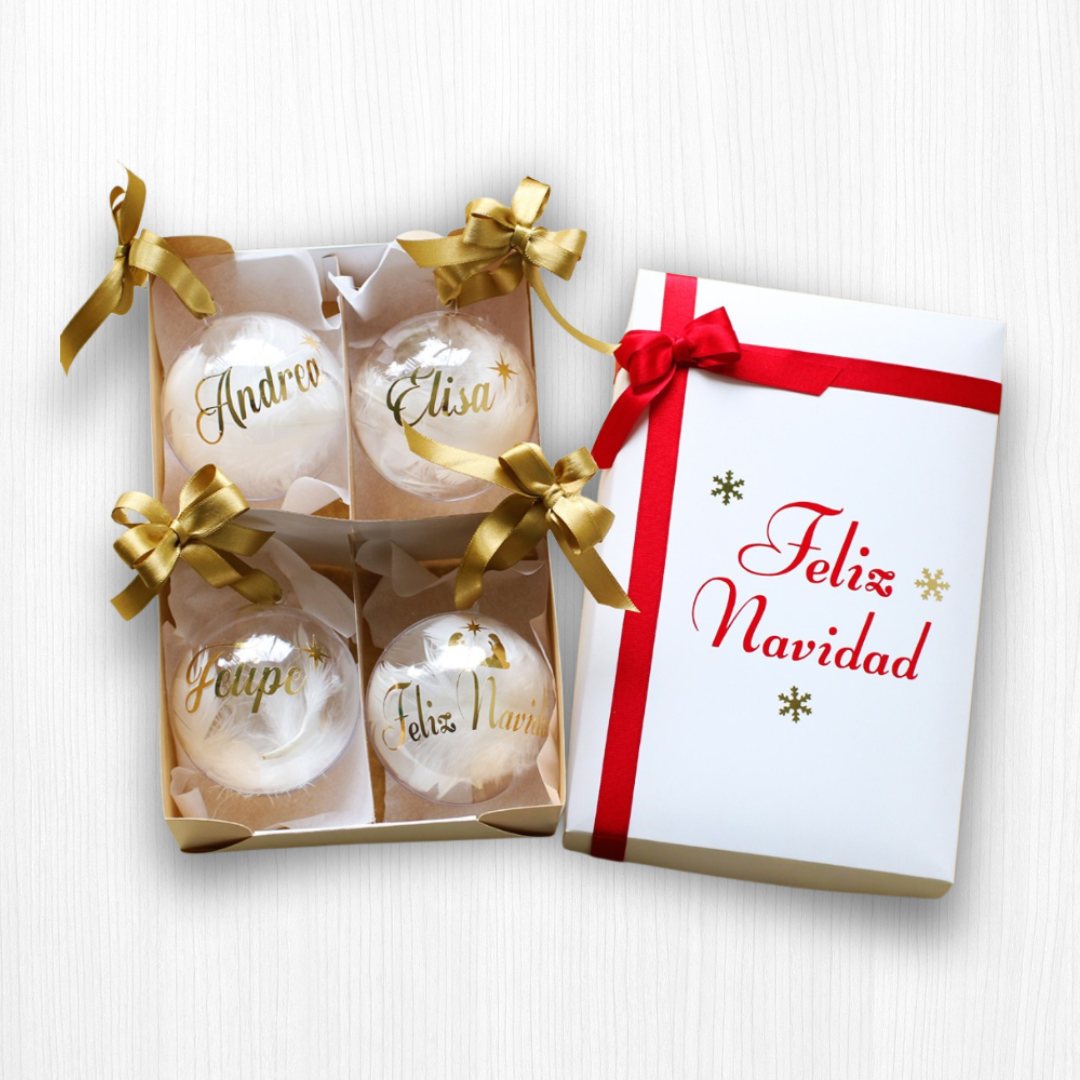 🎄 Bola de Navidad Personalizada Transparente con Plumas x X Unidad