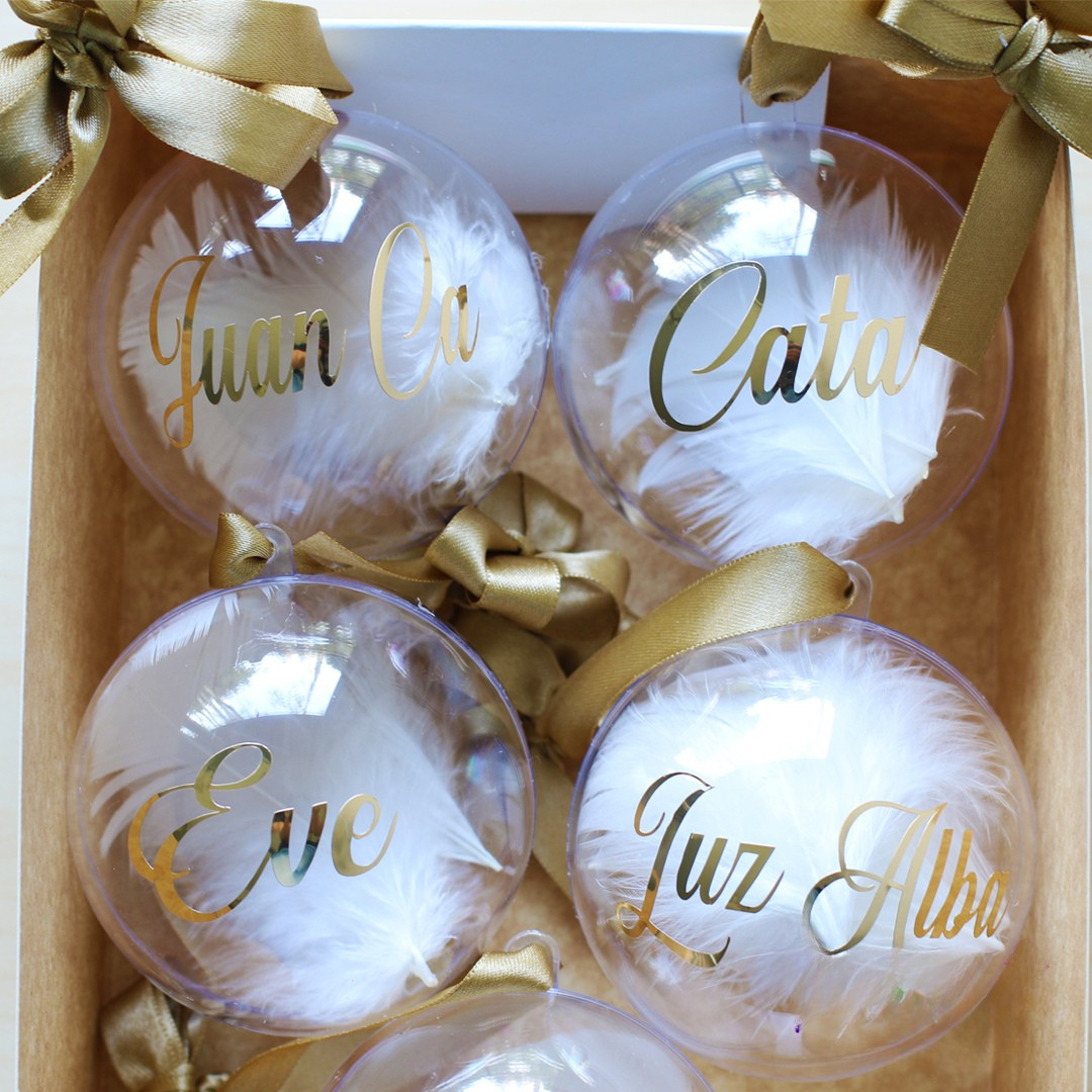 🎄 Bola de Navidad Personalizada Transparente con Plumas x X Unidad