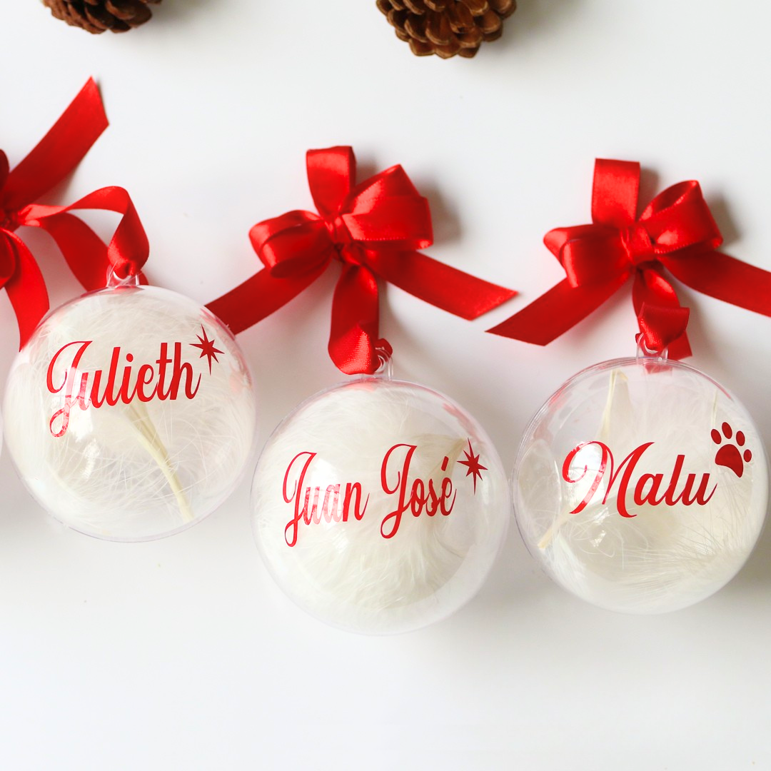 🎄 Bola de Navidad Personalizada Transparente con Plumas x X Unidad