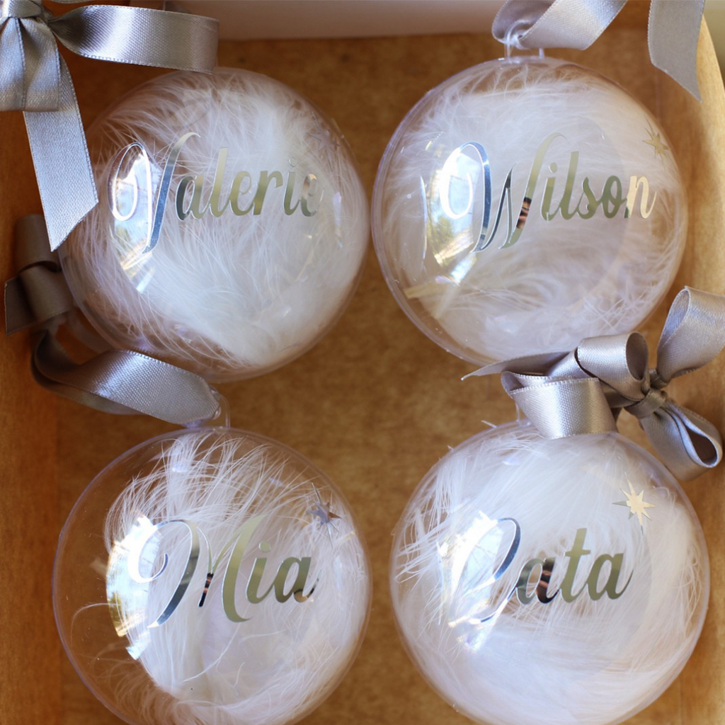 🎄 Bola de Navidad Personalizada Transparente con Plumas x X Unidad