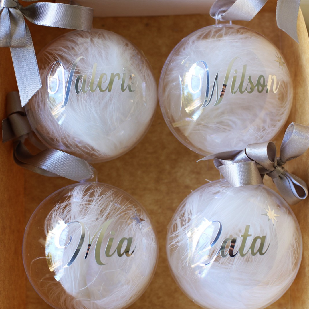 🎄 Bola de Navidad Personalizada Transparente con Plumas x X Unidad