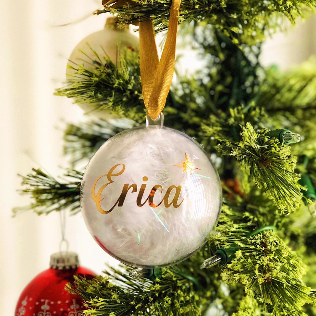 🎄 Bola de Navidad Personalizada Transparente con Plumas x X Unidad